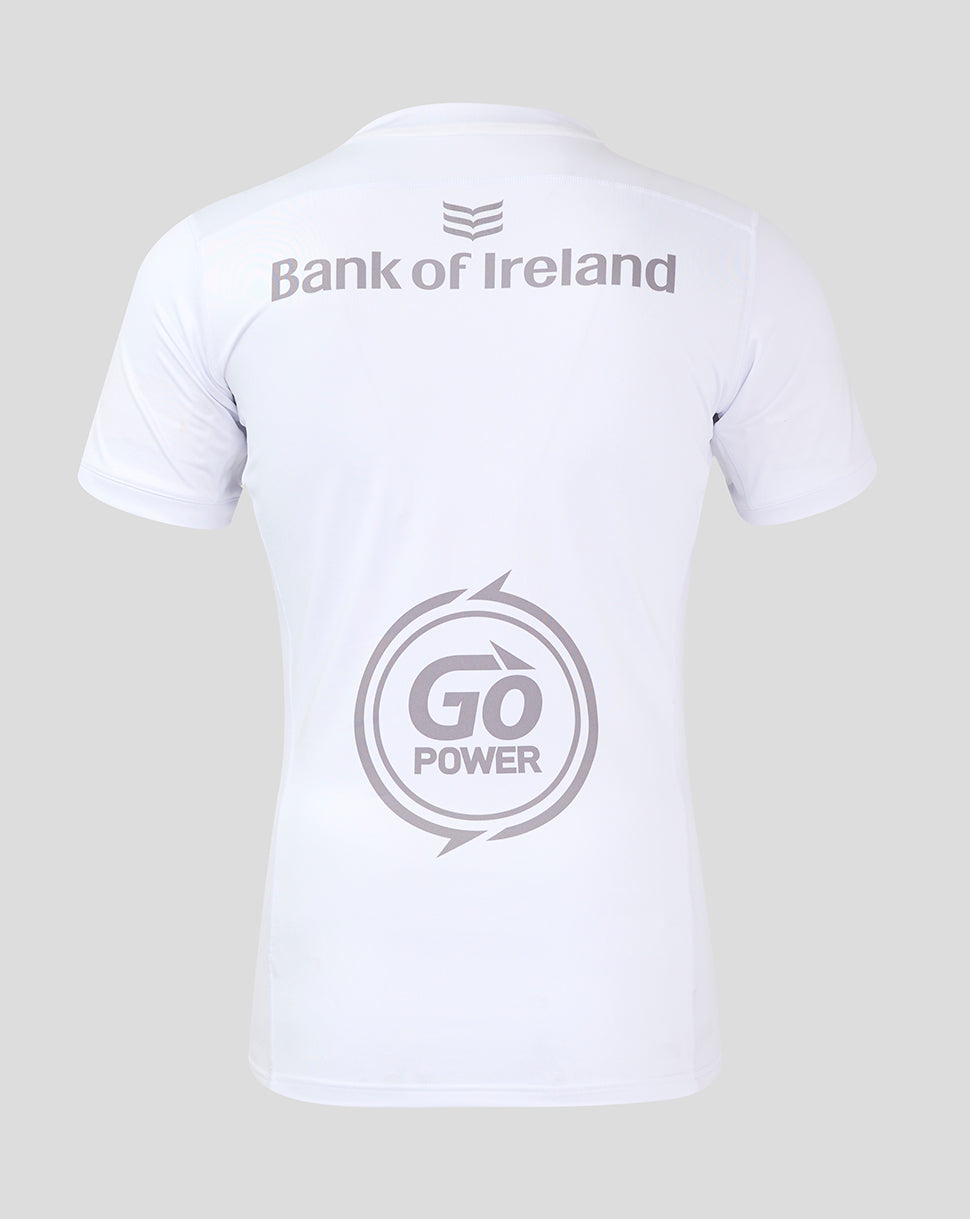 Back view of white Ulster Home Pro shirt with Bank of Ireland logo and Go Power graphic.