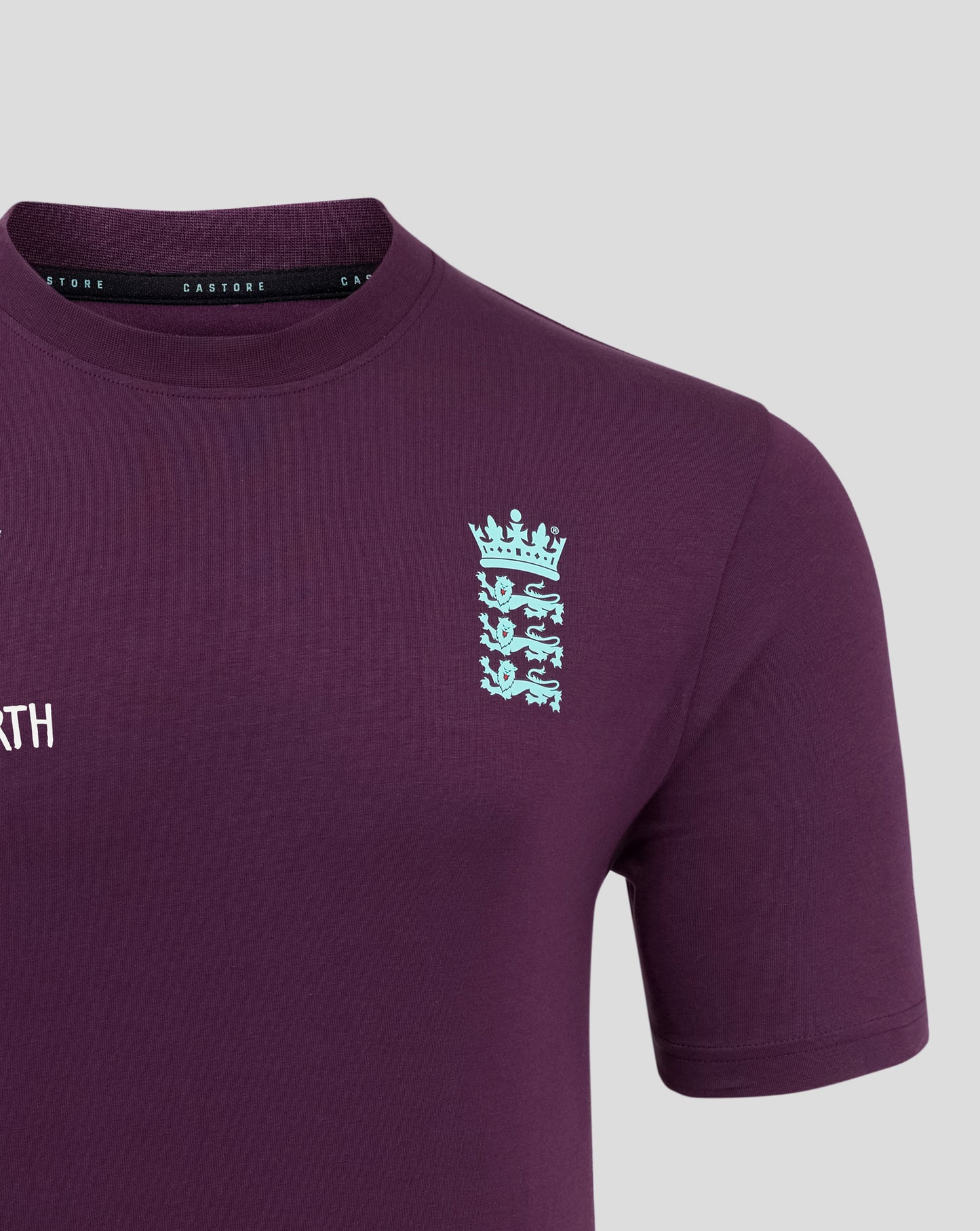 Deep purple England cricket training T shirt with a light blue crest on the chest and a visible Castore label at the neck