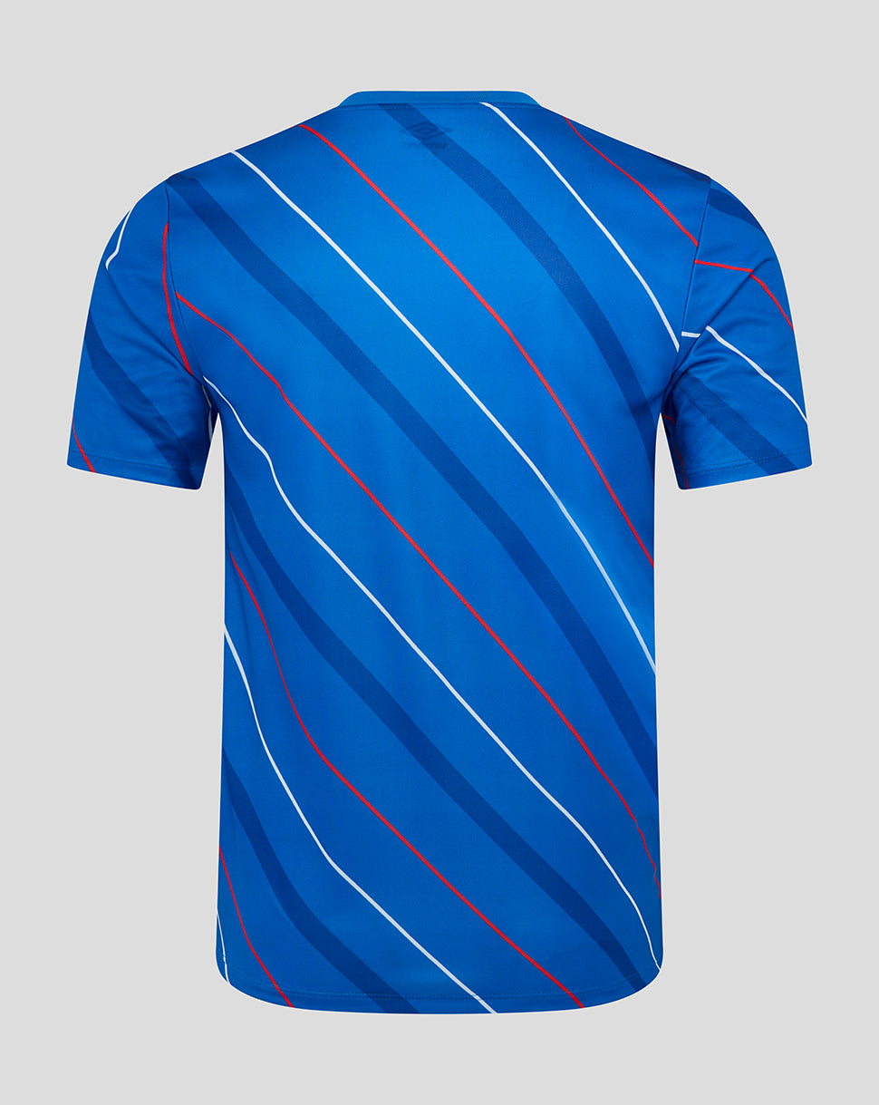 Back view of Rangers blue home matchday tee with diagonal stripes and subtle red accents.