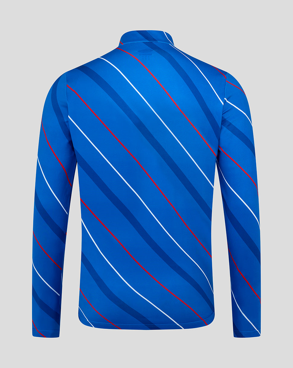 Back view of blue Rangers home jersey with diagonal red and white stripes