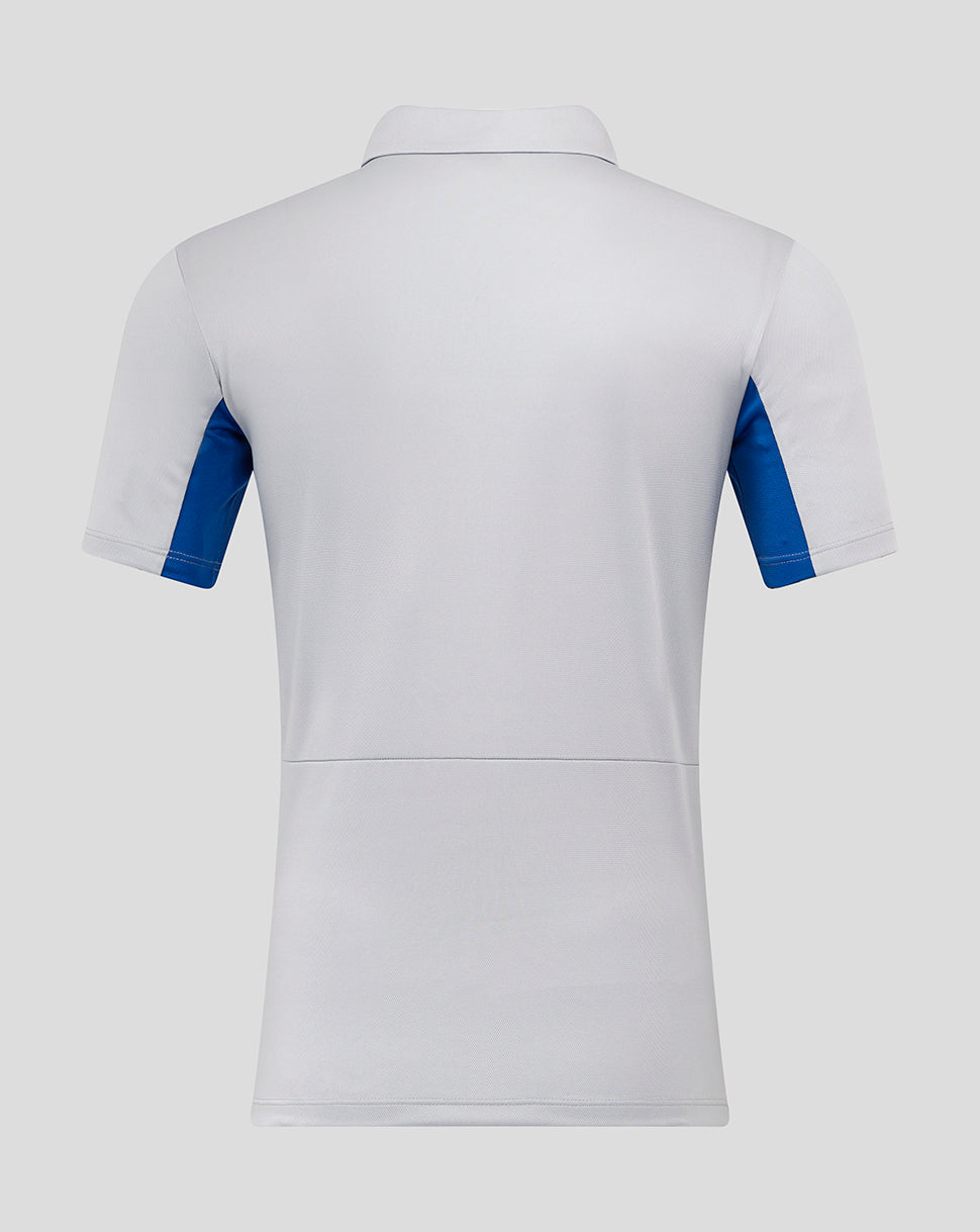 Back view of Rangers men's 25/26 Presentation Polo in white with blue sleeve panels.
