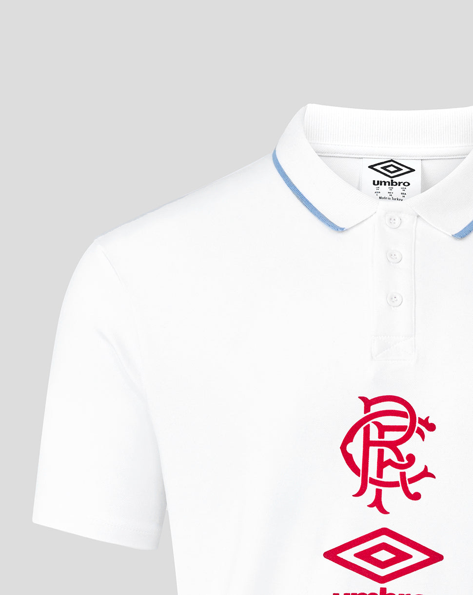 White Rangers travel short sleeve polo with blue trimmed collar and red club crest with Umbro logo.