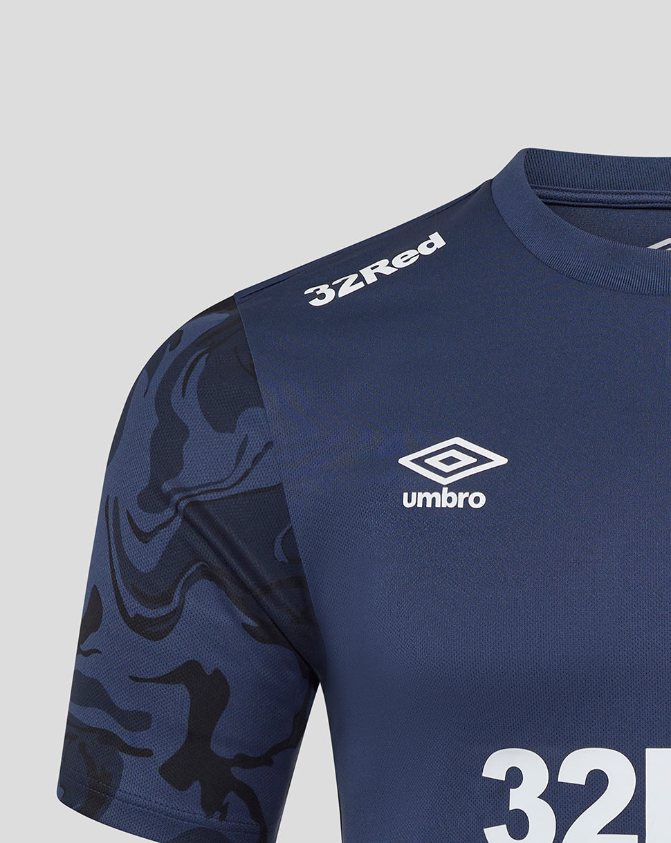 Front view of navy Rangers Third Matchday tee featuring Umbro logo and club crest on the chest with 32Red across the shoulder