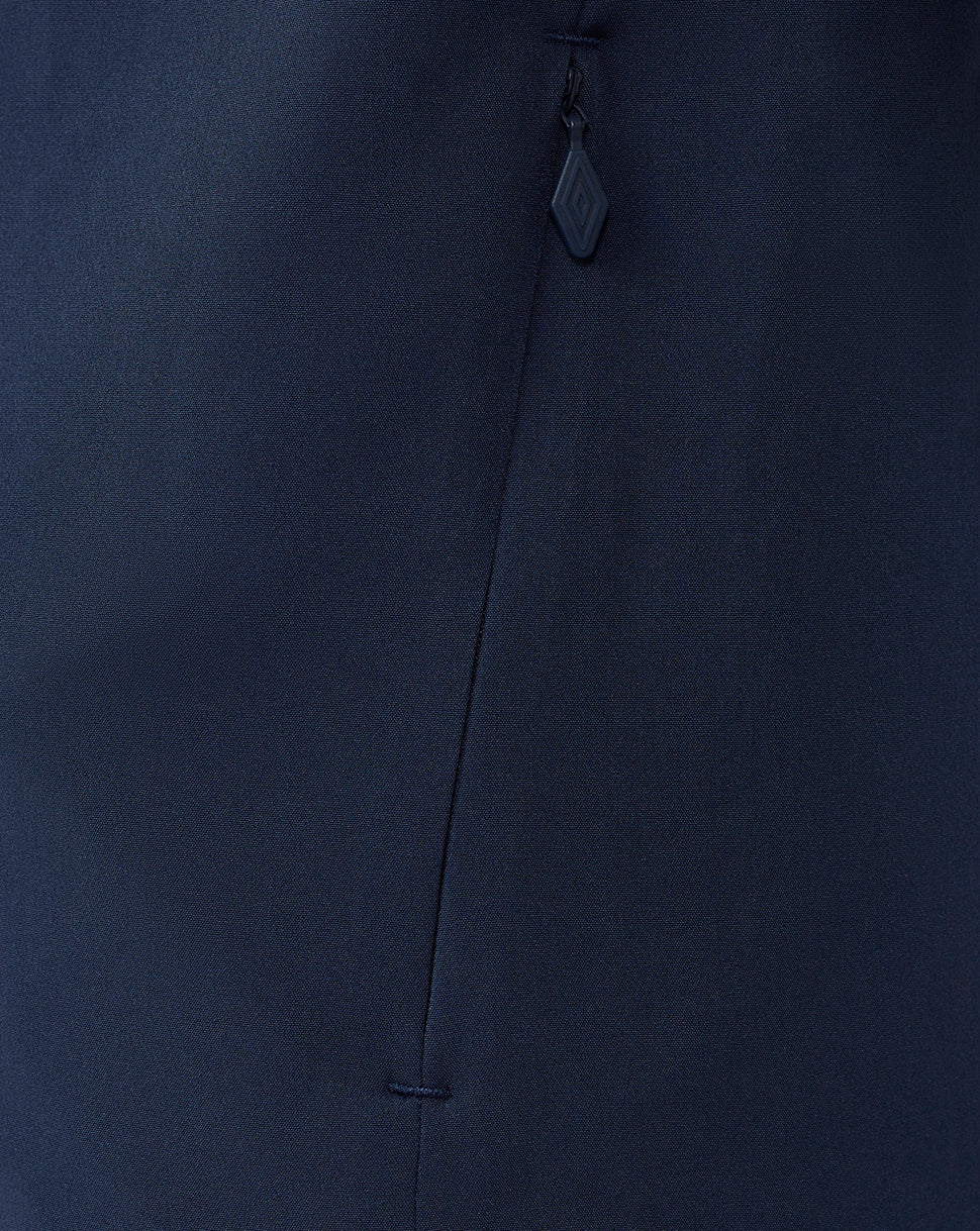 Close-up of navy Rangers jacket zipper and side seam detail.
