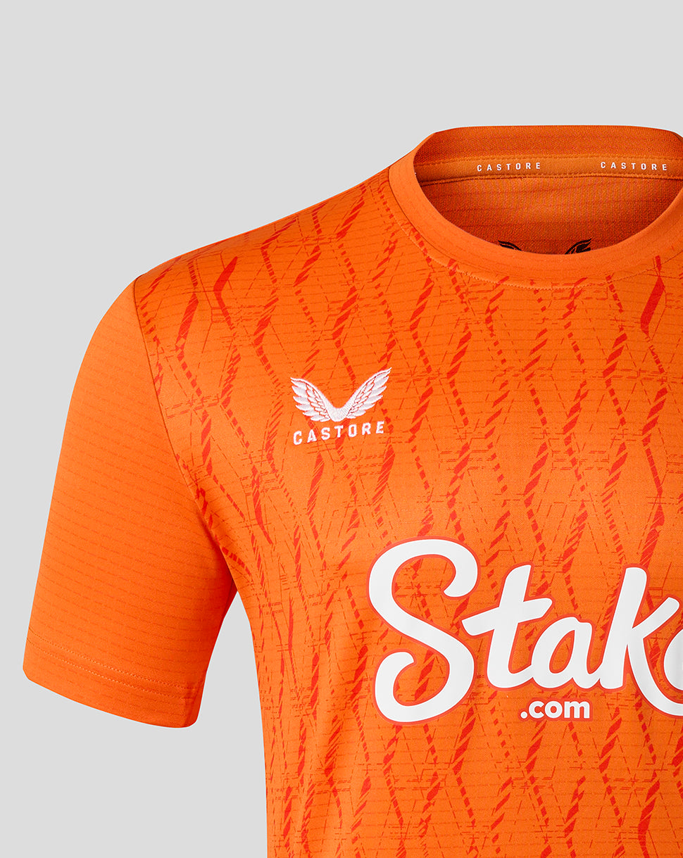 Front view of orange Everton third goalkeeper shirt with bold Stoke text across the chest and a geometric pattern