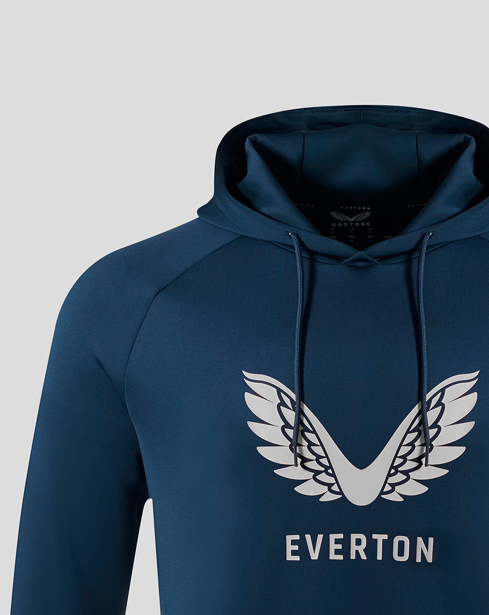 Moonlit Ocean navy hoodie with wing emblem on the chest and a crest badge on the opposite side