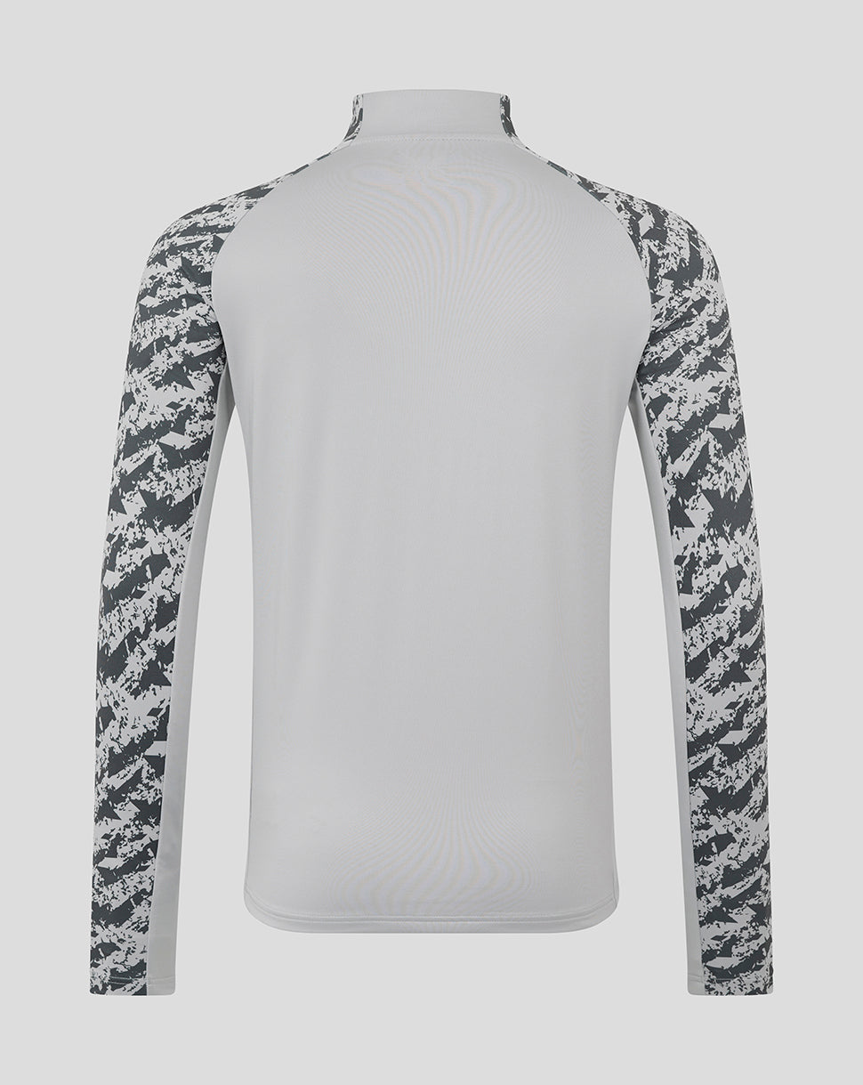 Back view of Preston North End training midlayer top with plain white back and gray camouflage sleeves