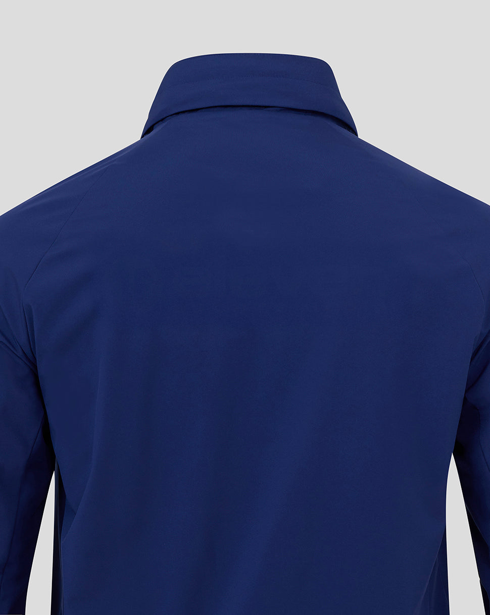 Back view of a blue Preston North End packable hood shower jacket.