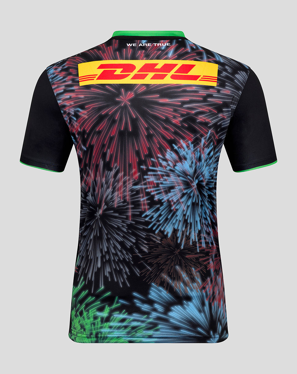 Back view of Harlequins Big Game Replica Shirt with fireworks print and bold DHL logo across the back.