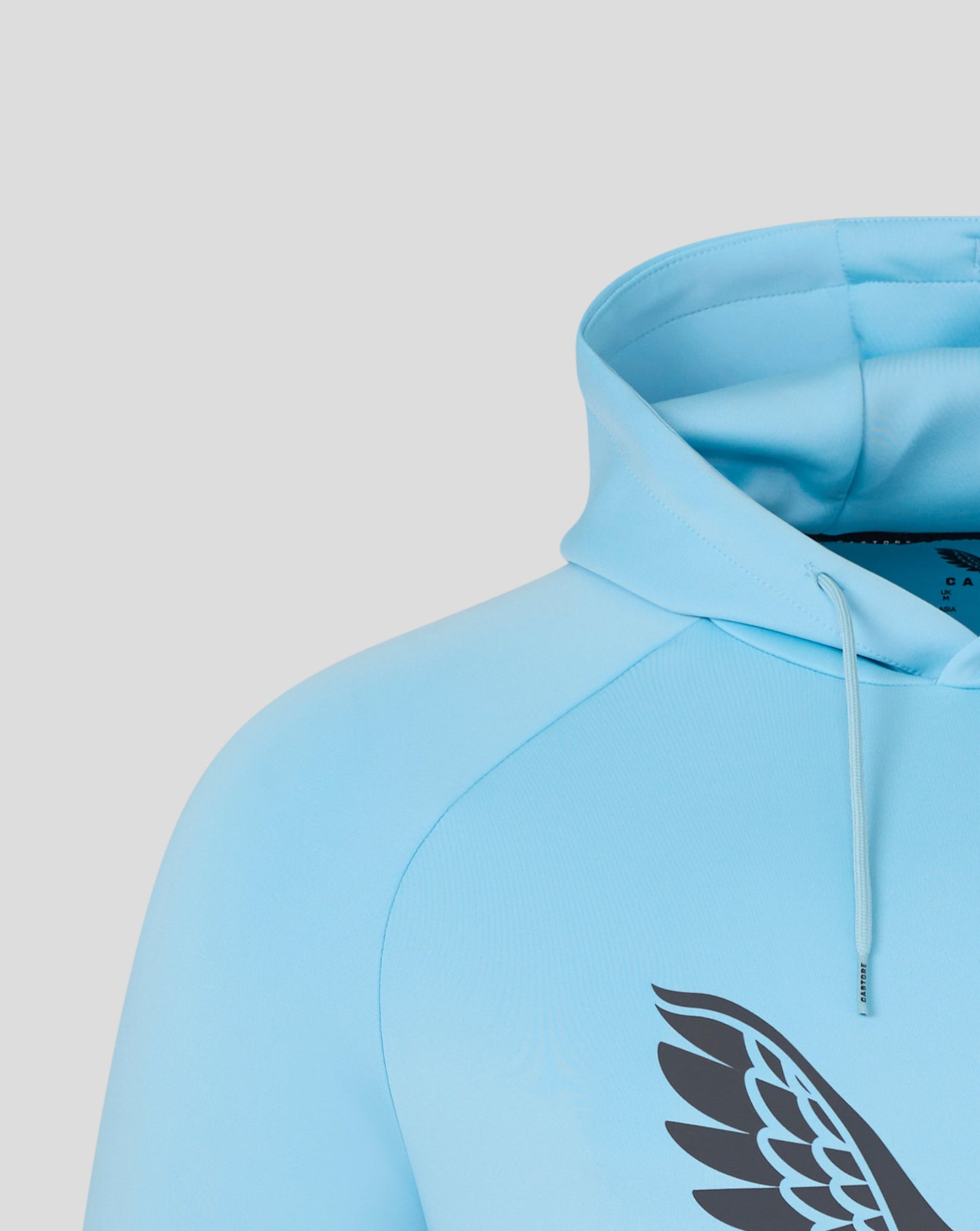 Blue scuba hoodie with bold black wing emblem on the front