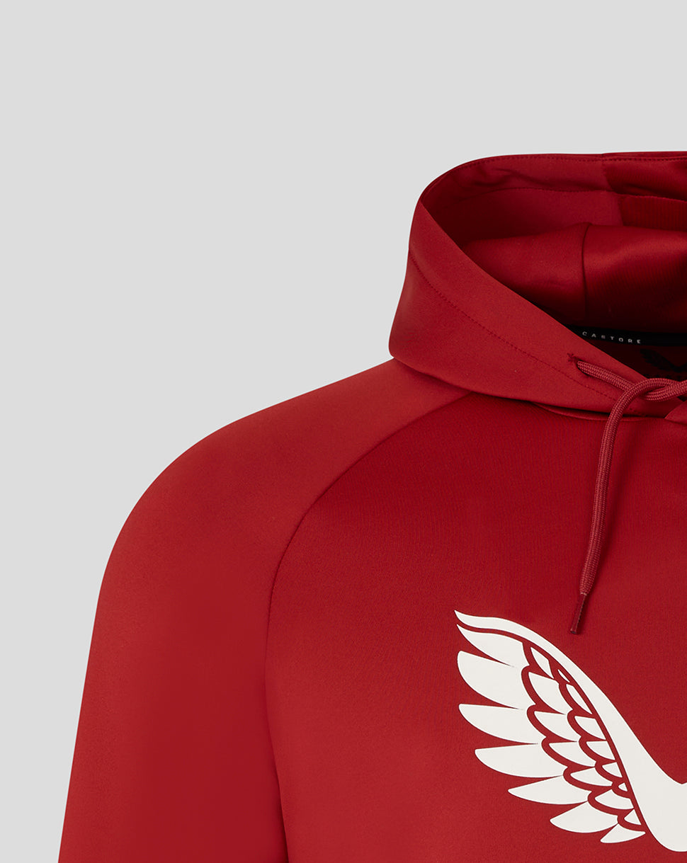 Close-up of a red Saracens scuba hoodie showing the hood and white wing logo on the chest.