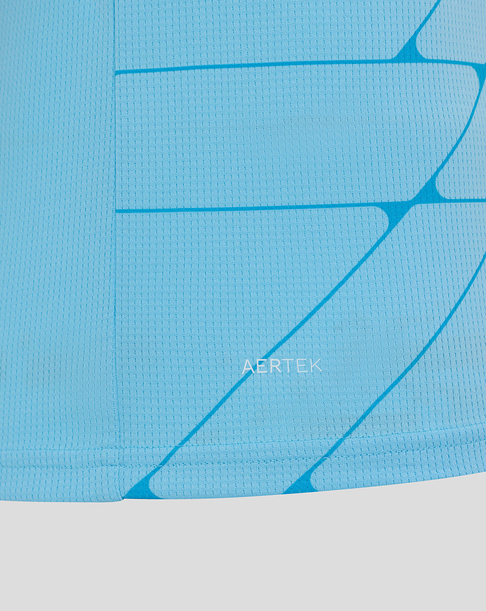Close-up of blue Feyenoord 25/26 third shirt fabric with AerTek marking