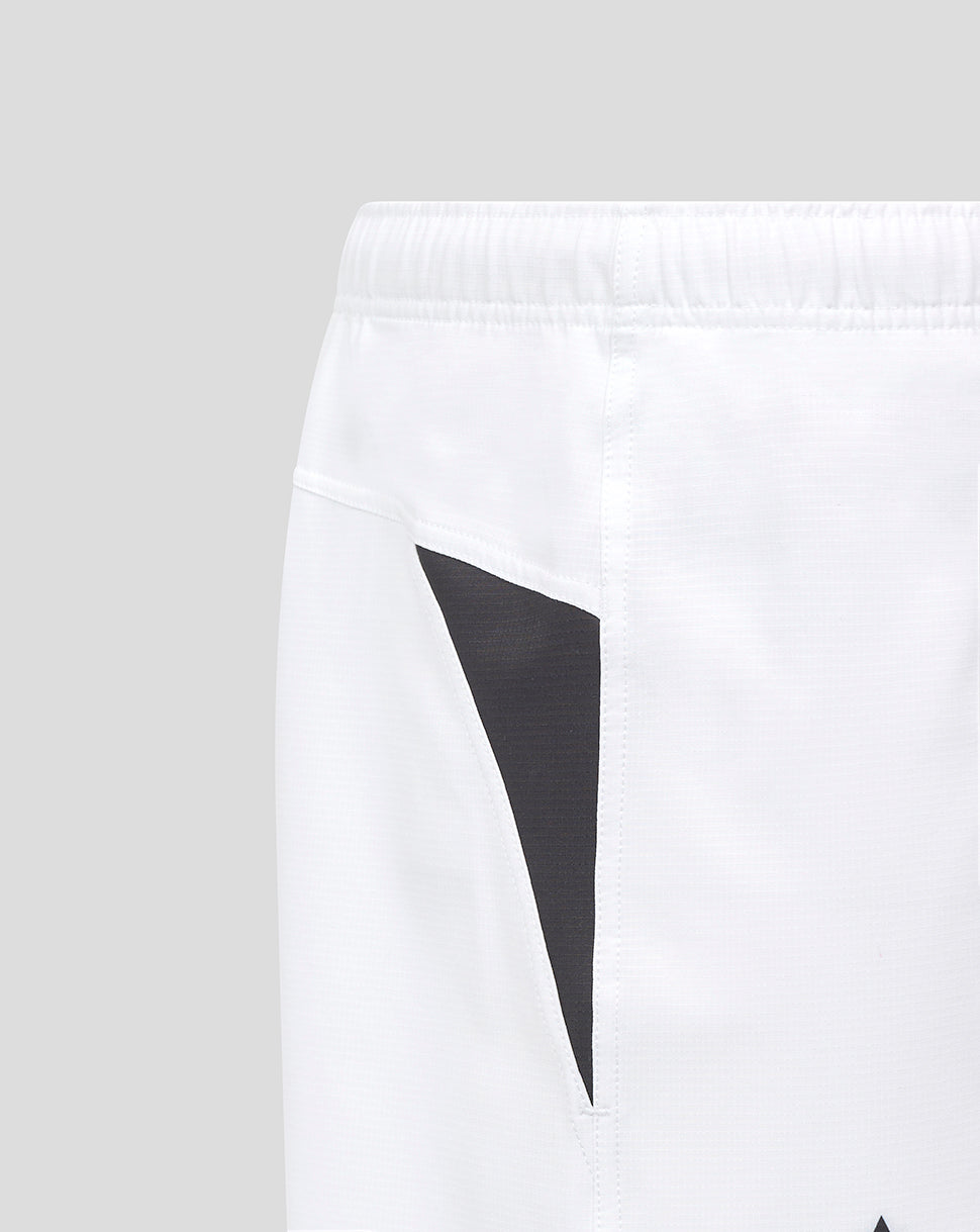 White Bath Rugby Away Pro Shorts with a black side panel and an elastic waistband