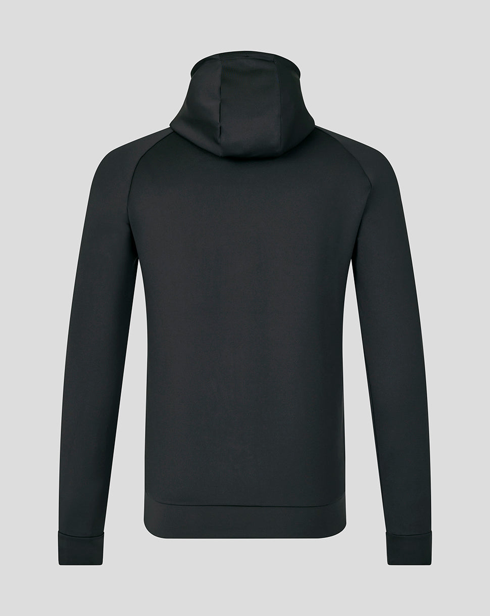 Back view of Bath Rugby men's black presentation scuba hoodie with hood up.
