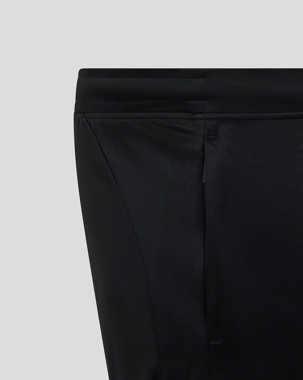 Close-up of black Bath Rugby women's training knit shorts waistband and seam