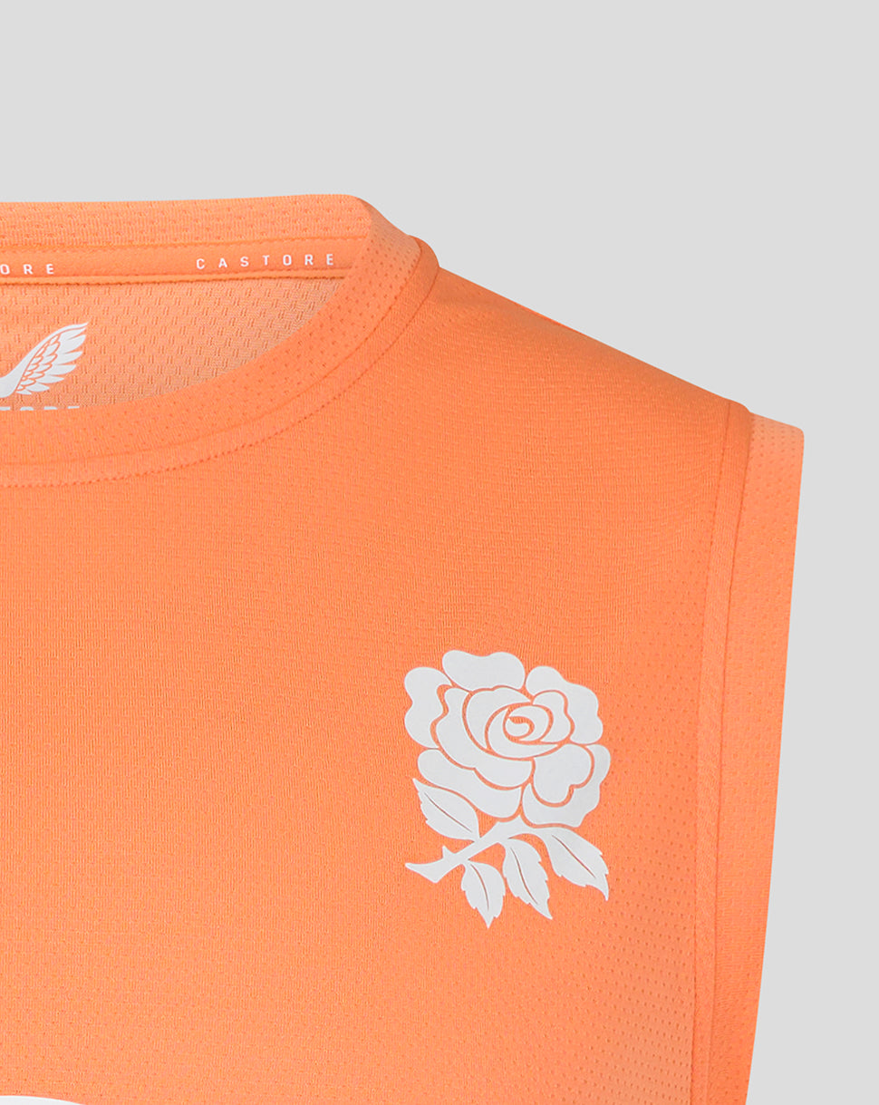 Close up of Men’s England Rugby Performance Sleeveless T Shirt in melon showing white rose crest on the chest and textured fabric.