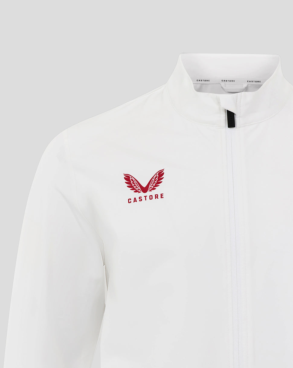 Brilliant white men's England Rugby Anthem jacket with zip front and red Castore logo on the chest