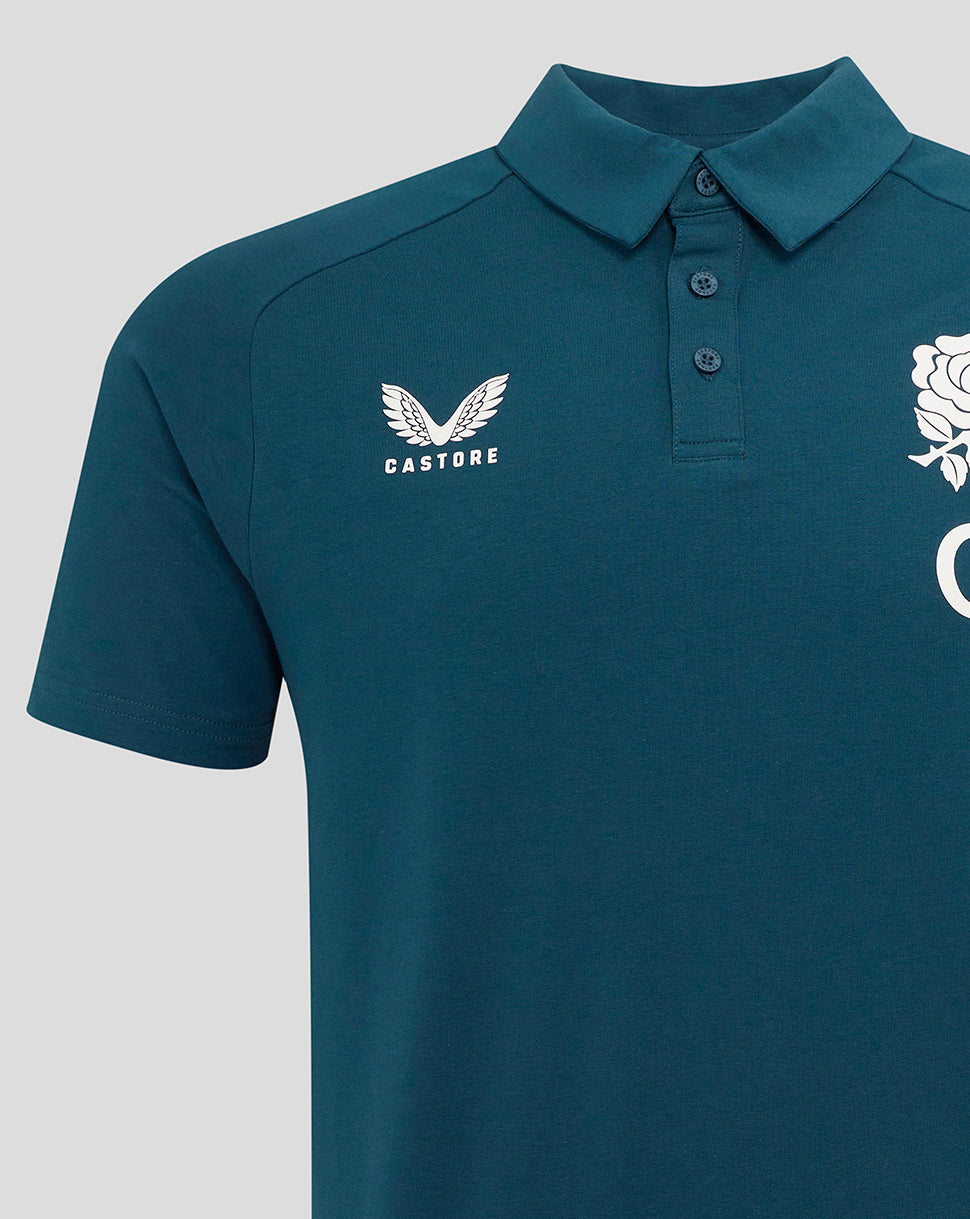 Close-up of front of polo showing Castore logo on the left chest and the England rose crest on the right chest.