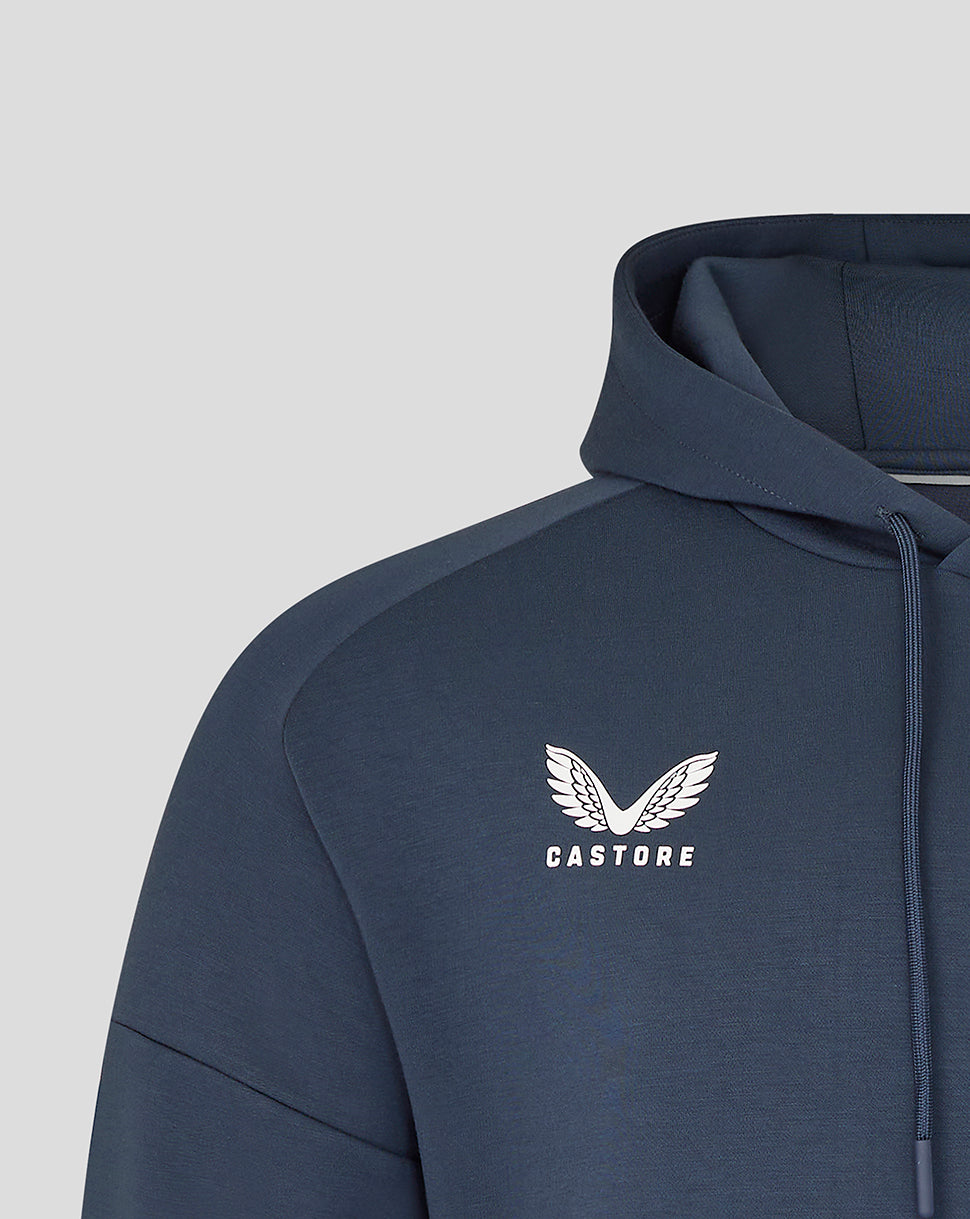 Close-up of navy England Rugby Junior Travel Hoodie chest with Castore wing logo