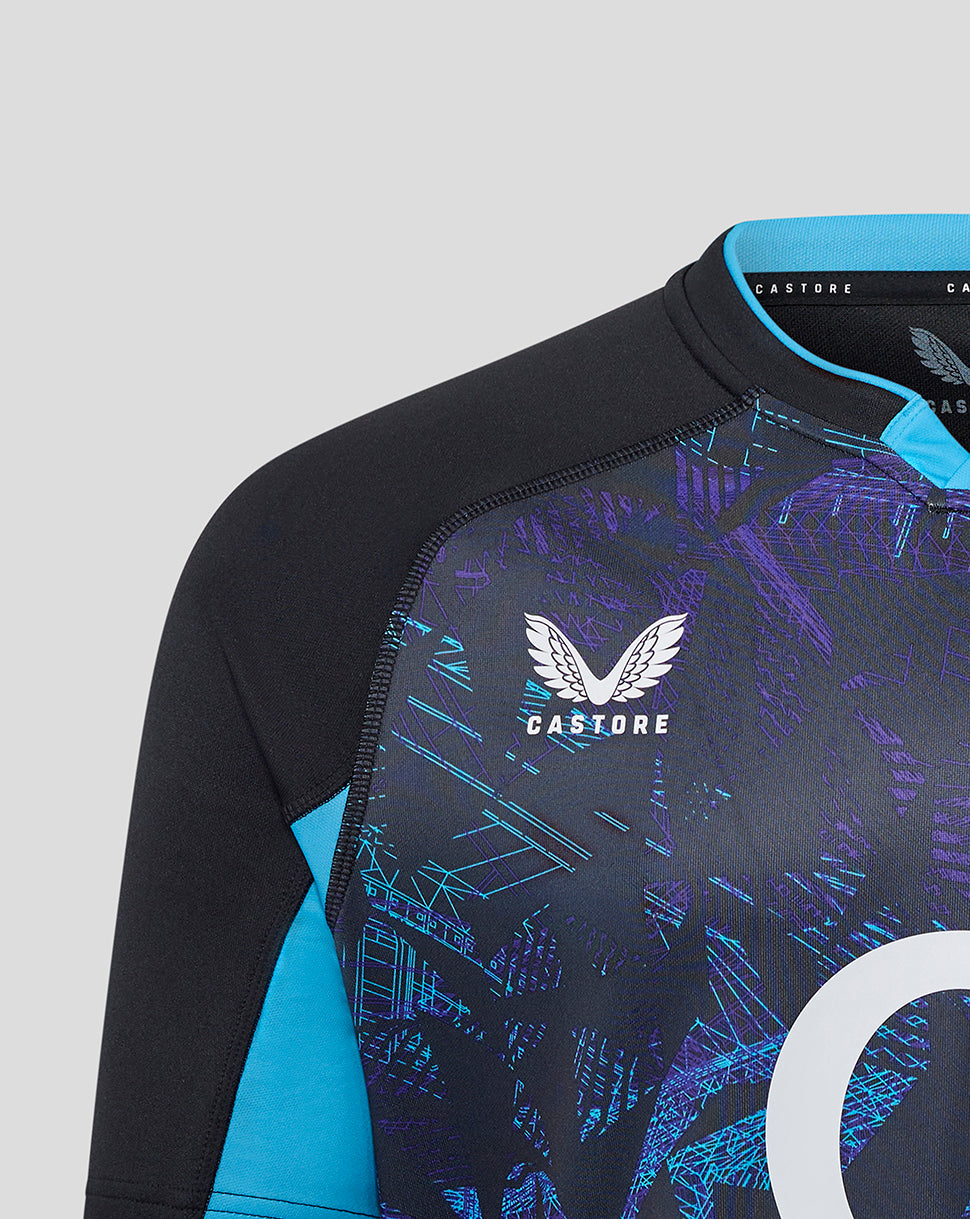 Shoulder and chest view of the England Rugby Replica Alternate shirt with front graphic and Castore branding.