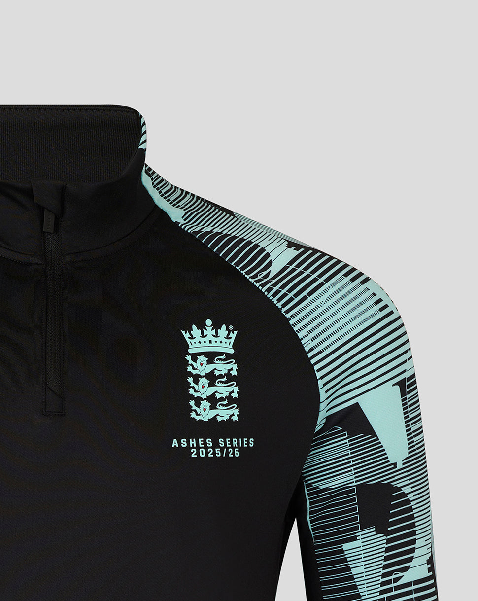 England Ashes Junior 25/26 pro quarter zip training top with crest on chest and teal patterned sleeves