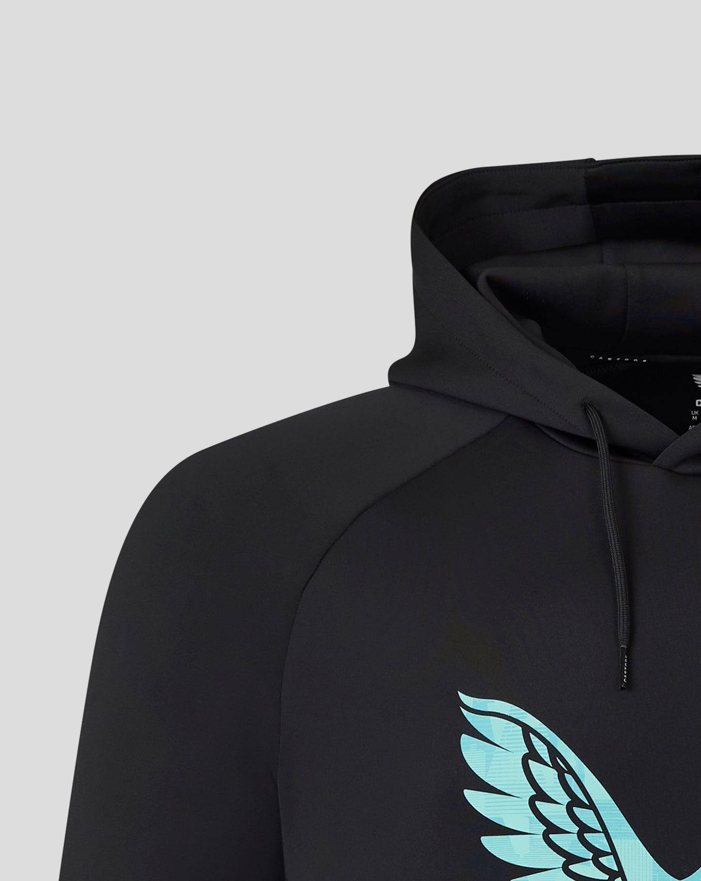 Turquoise wing logo on the lower front of the black England Ashes hoodie.
