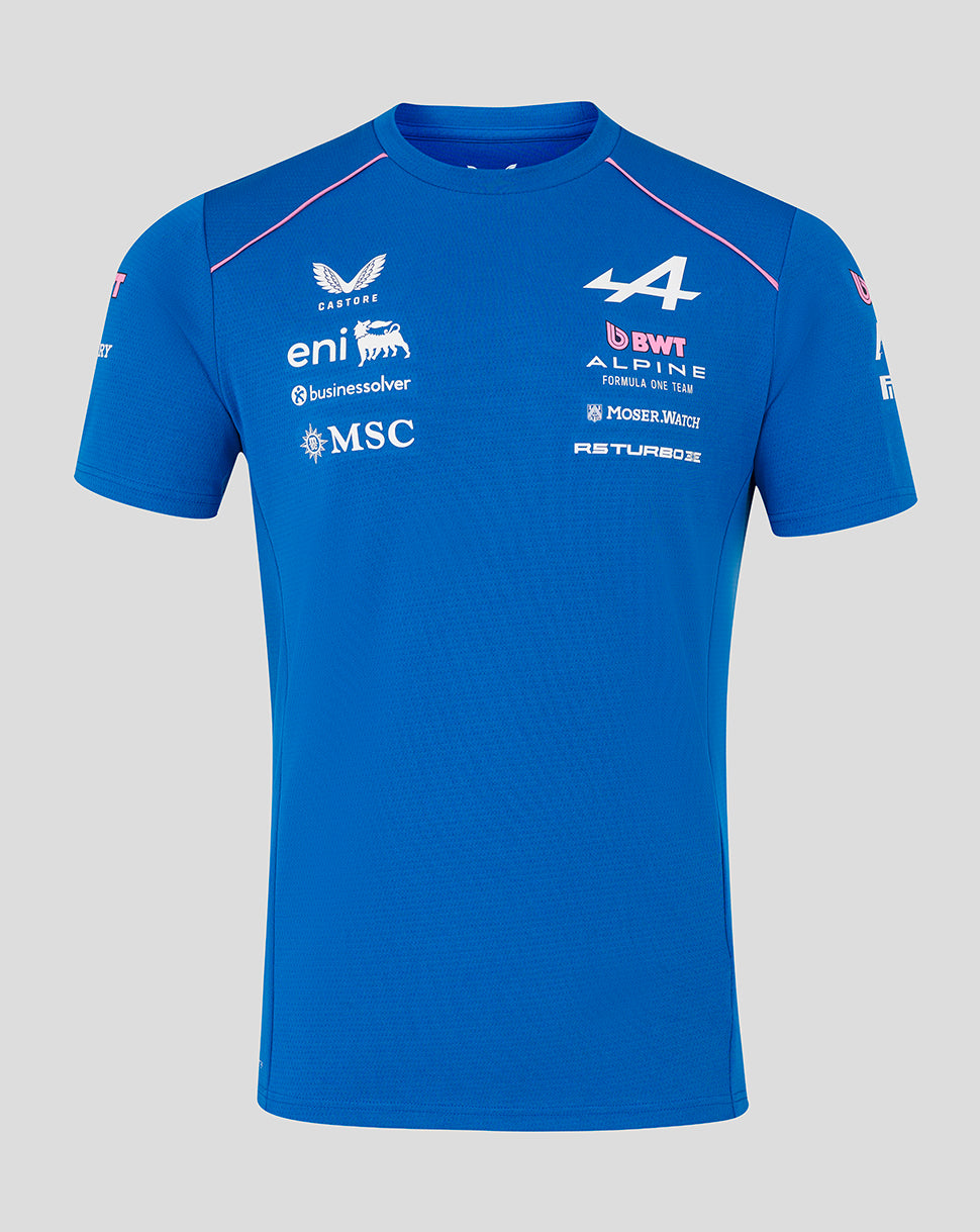 Blue official men's BWT Alpine Formula One Team Set Up T Shirt with pink piping and sponsor logos.
