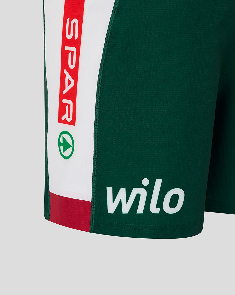 Close up of Leicester Tigers 25/26 Pro Home Short with green fabric white stripe and red SPAR lettering.