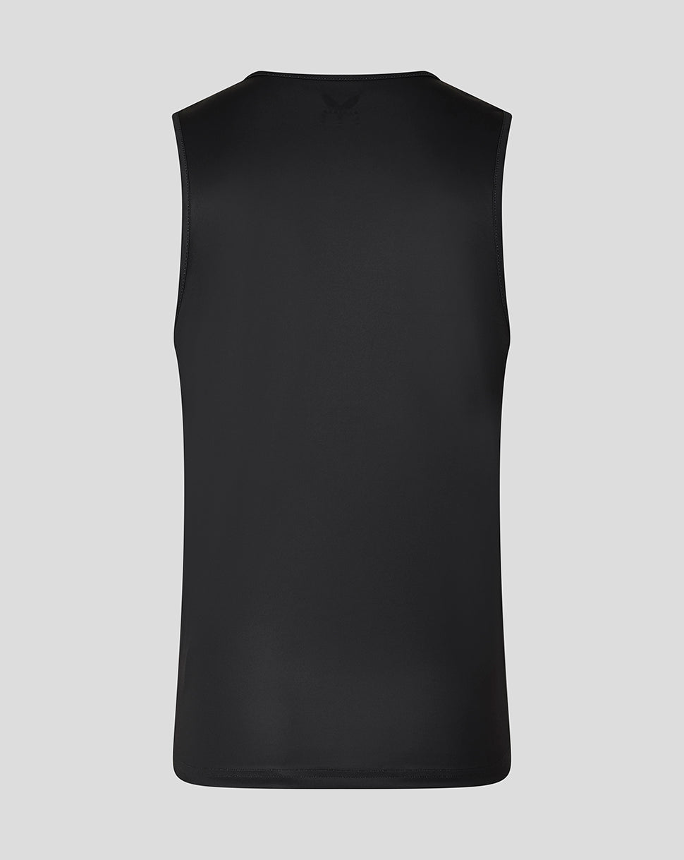 Back view of black Leicester Tigers vest with a straight back silhouette