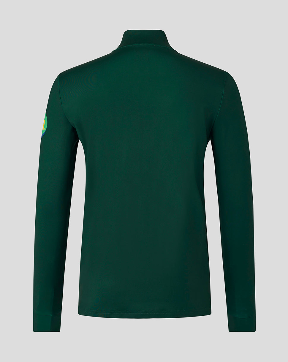Back view of dark green Leicester Tigers training quarter zip jacket with clean seam details
