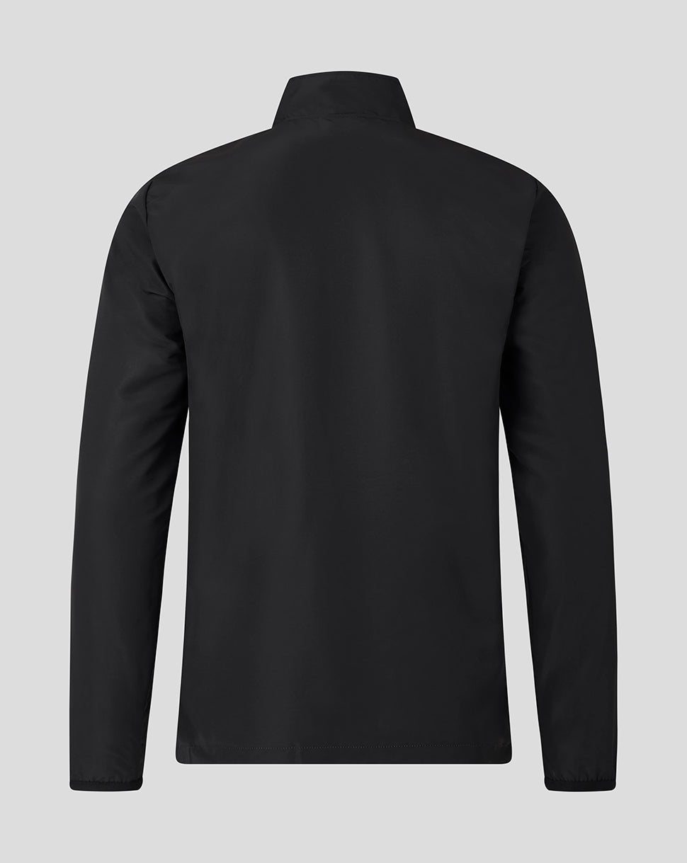 Back view of black Leicester Tigers woven pre match jacket for men.