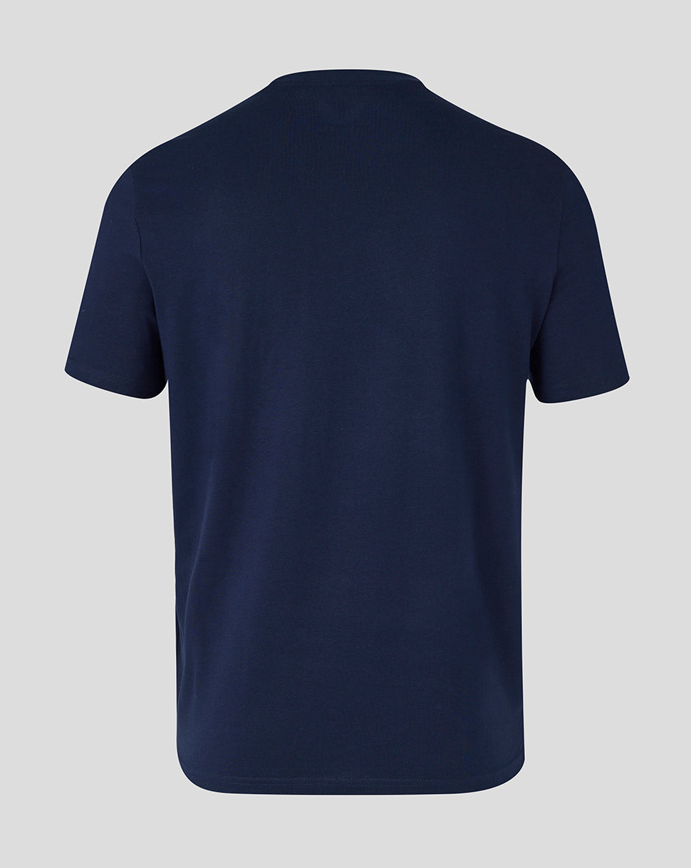 Back view of a navy Leicester Tigers women's travel cotton T-shirt with no graphics visible