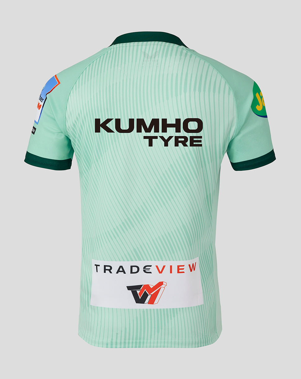 Mint green Leicester Tigers 25/26 replica away shirt with Kumho Tyre logo on the back and a TradeView sponsor patch at the lower back