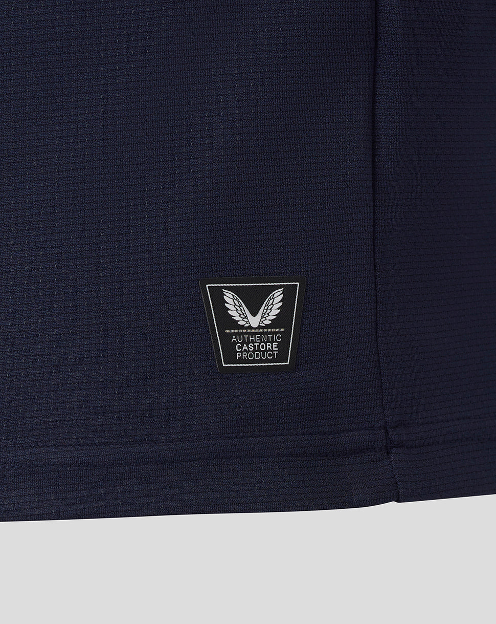 Close up of navy Everton At Night replica shirt fabric with a Castore authentic product badge