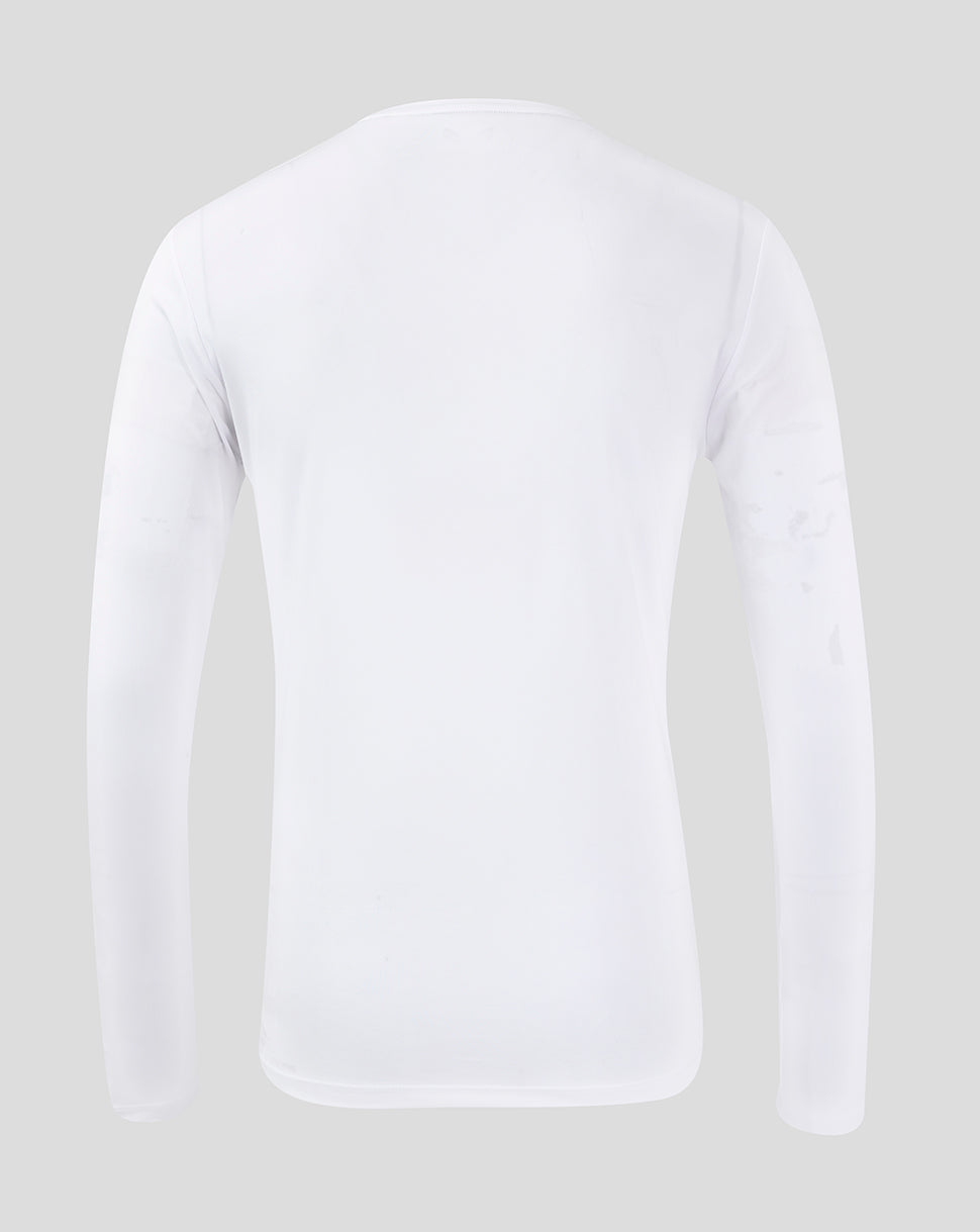 Back view of a white long sleeve training T shirt.