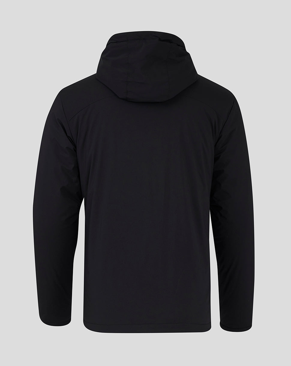 Back view of black hooded bench jacket showing a clean silhouette