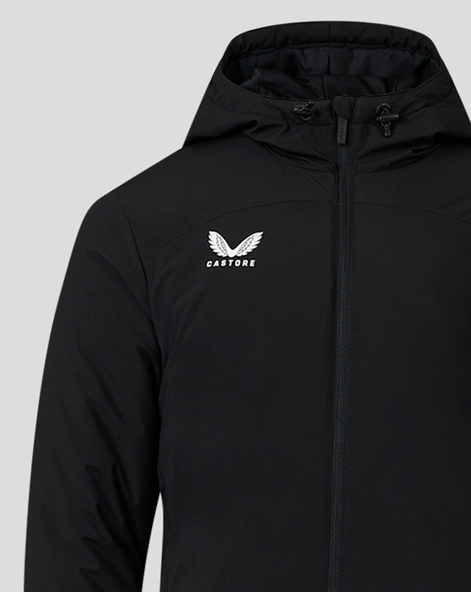 Black men's bench jacket close up of chest with white Castore logo