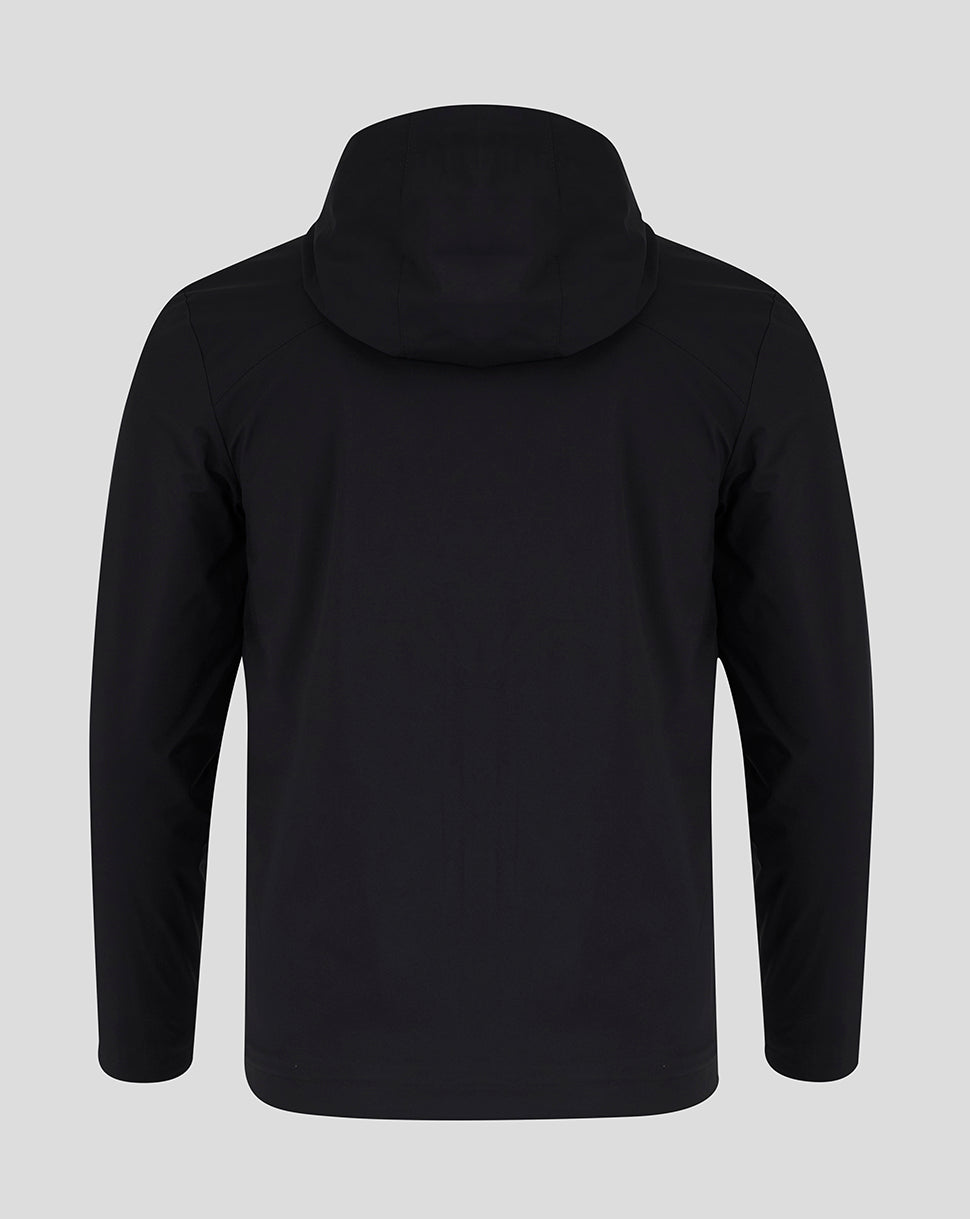 Back view of black Ulster rain jacket with hood
