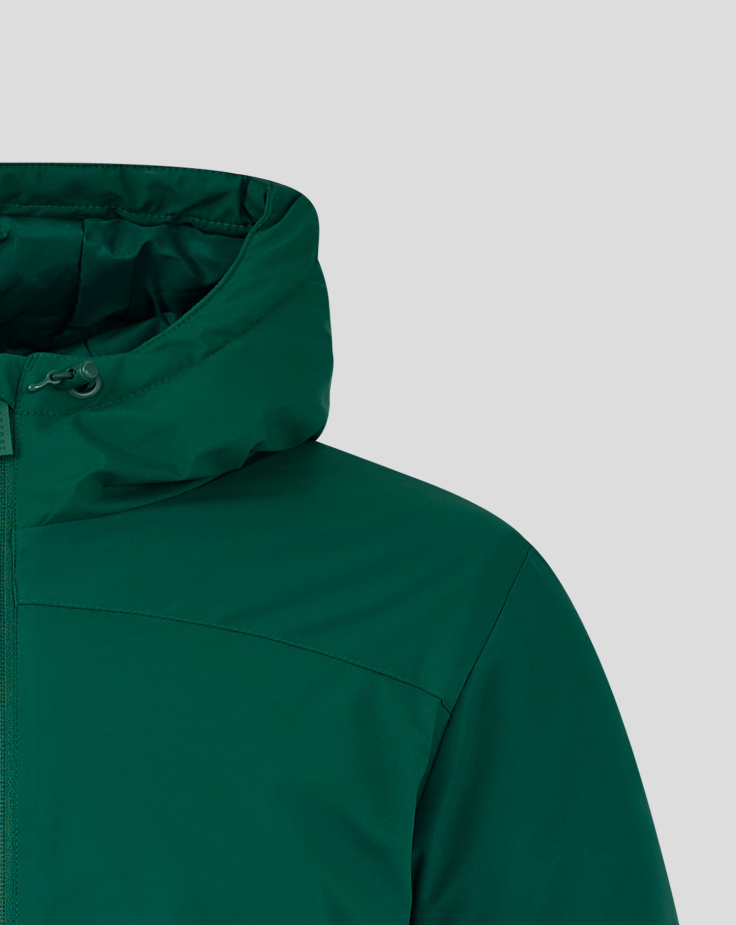 Botanical Garden green men's long length bench jacket with adjustable hood and full zip.