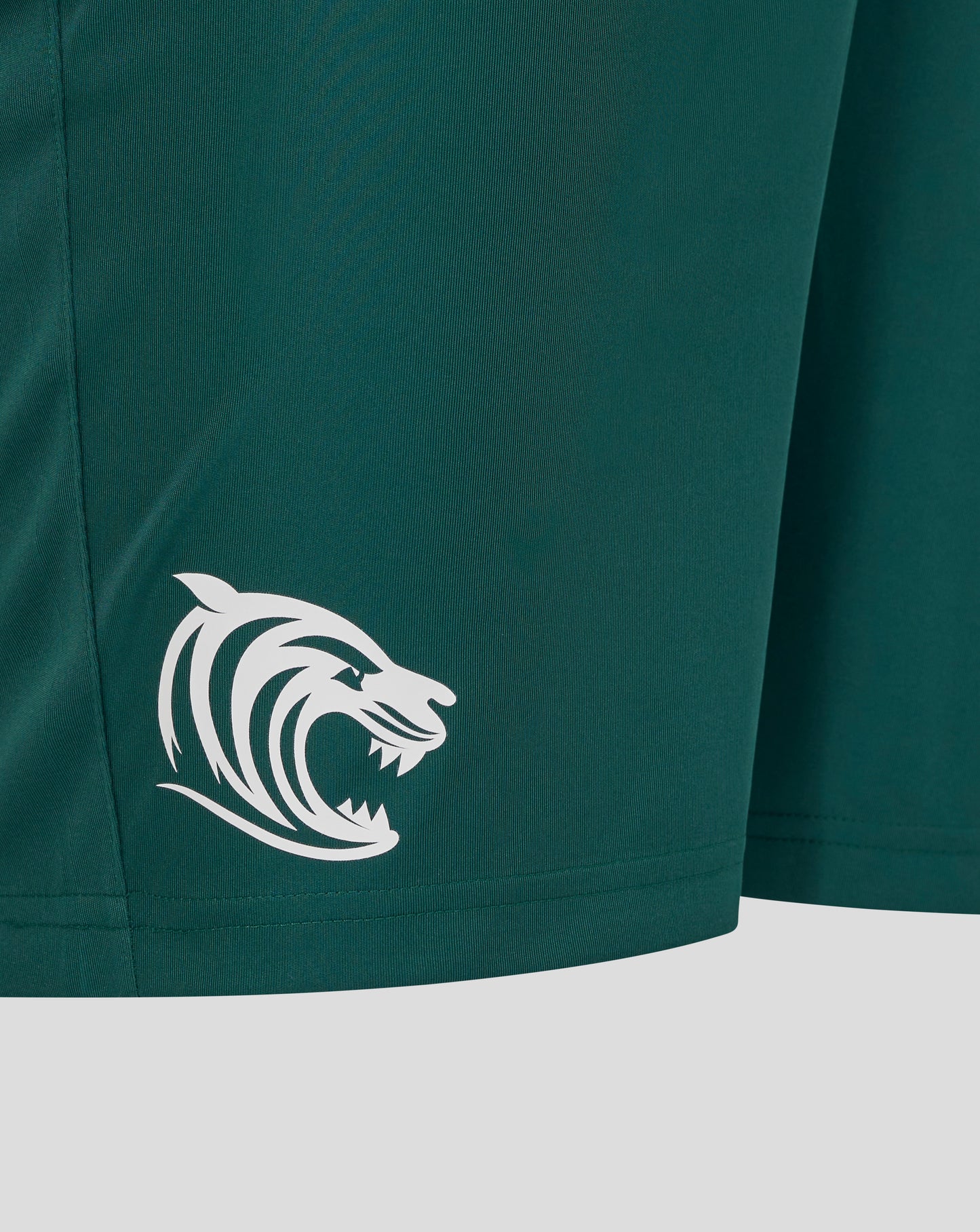 Leicester Tigers training shorts Botanical green with a white tiger logo at the hem
