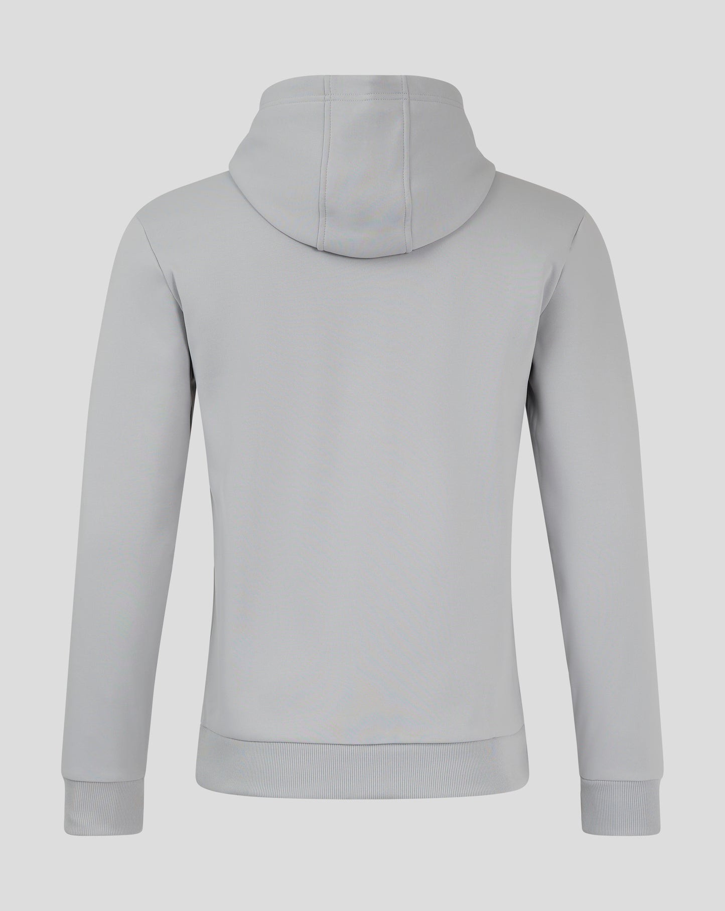 Back view of light gray men's hooded sweatshirt with attached hood and ribbed hem