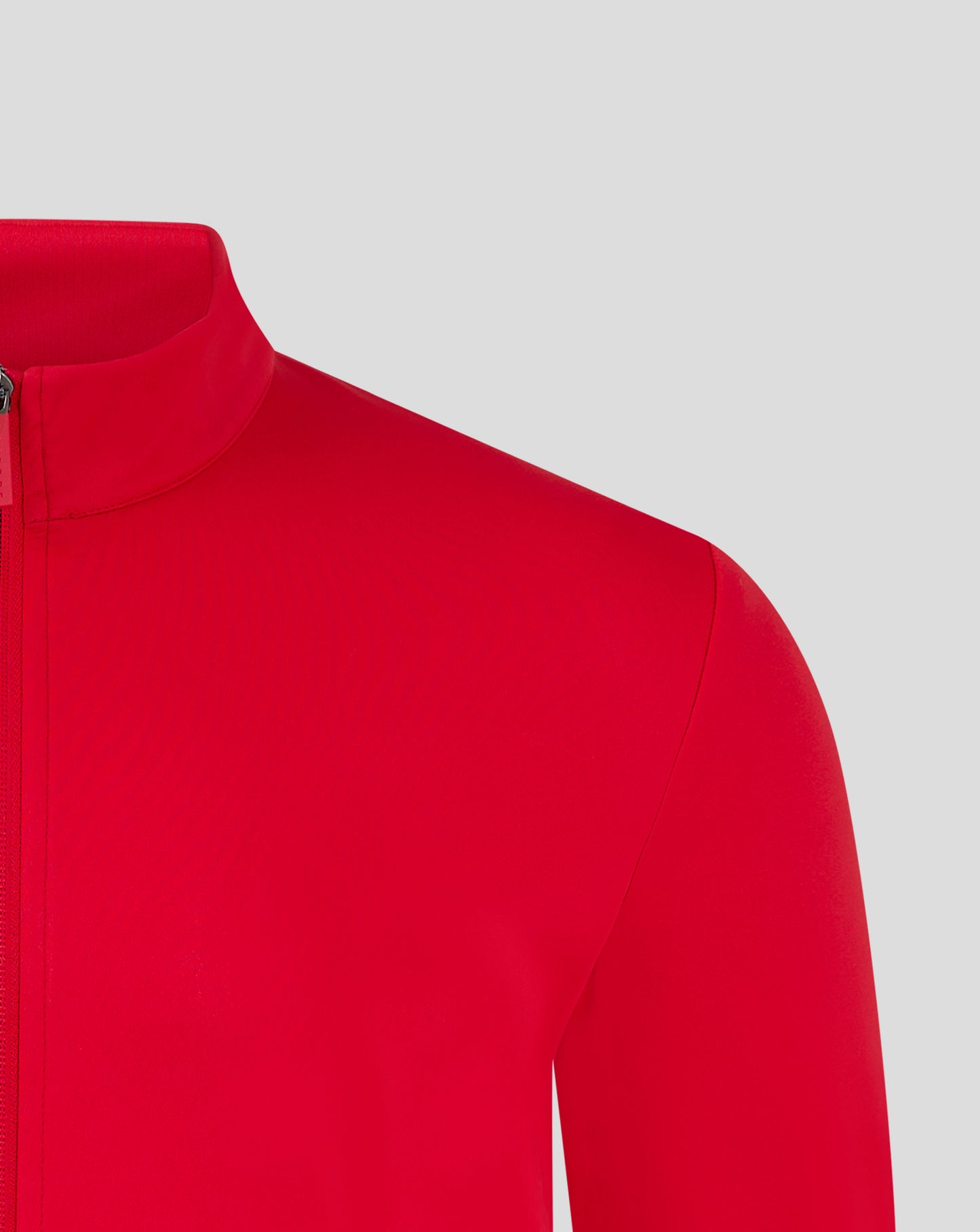 Bright red mens softshell jacket with funnel neck and center zipper