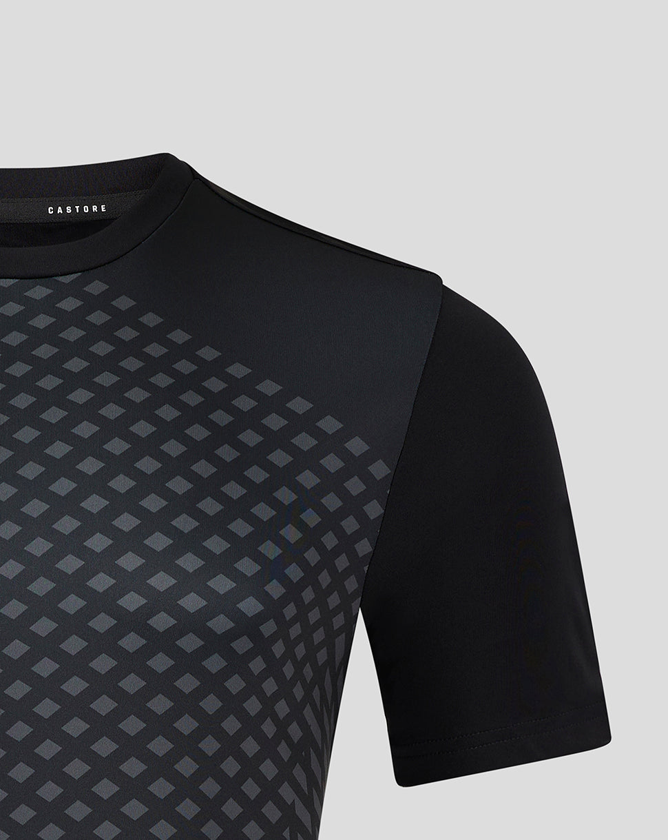 Front close up of men's dark geometric printed training T shirt with diamond pattern