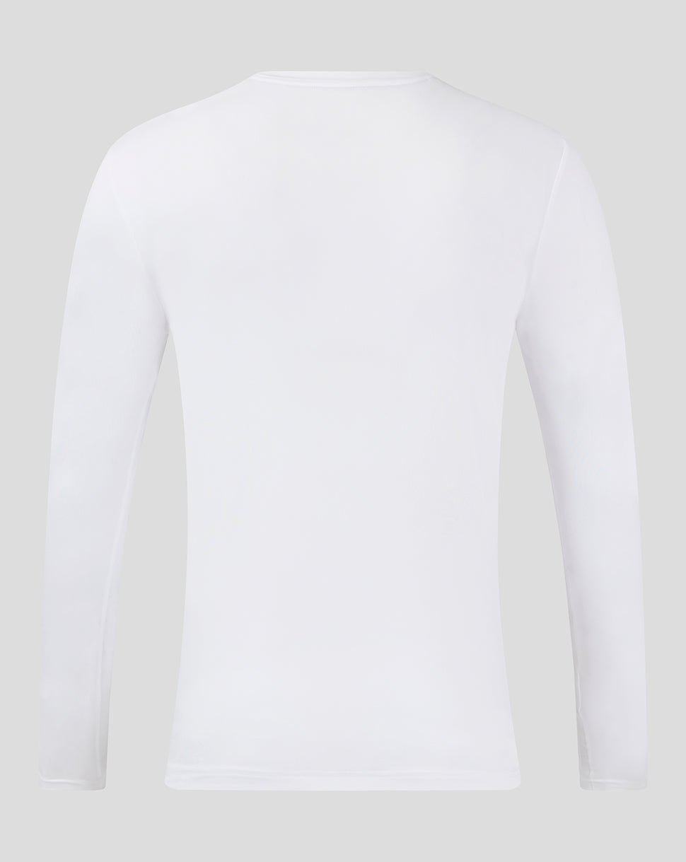 Back view of a plain white long sleeve training tee with a smooth silhouette.
