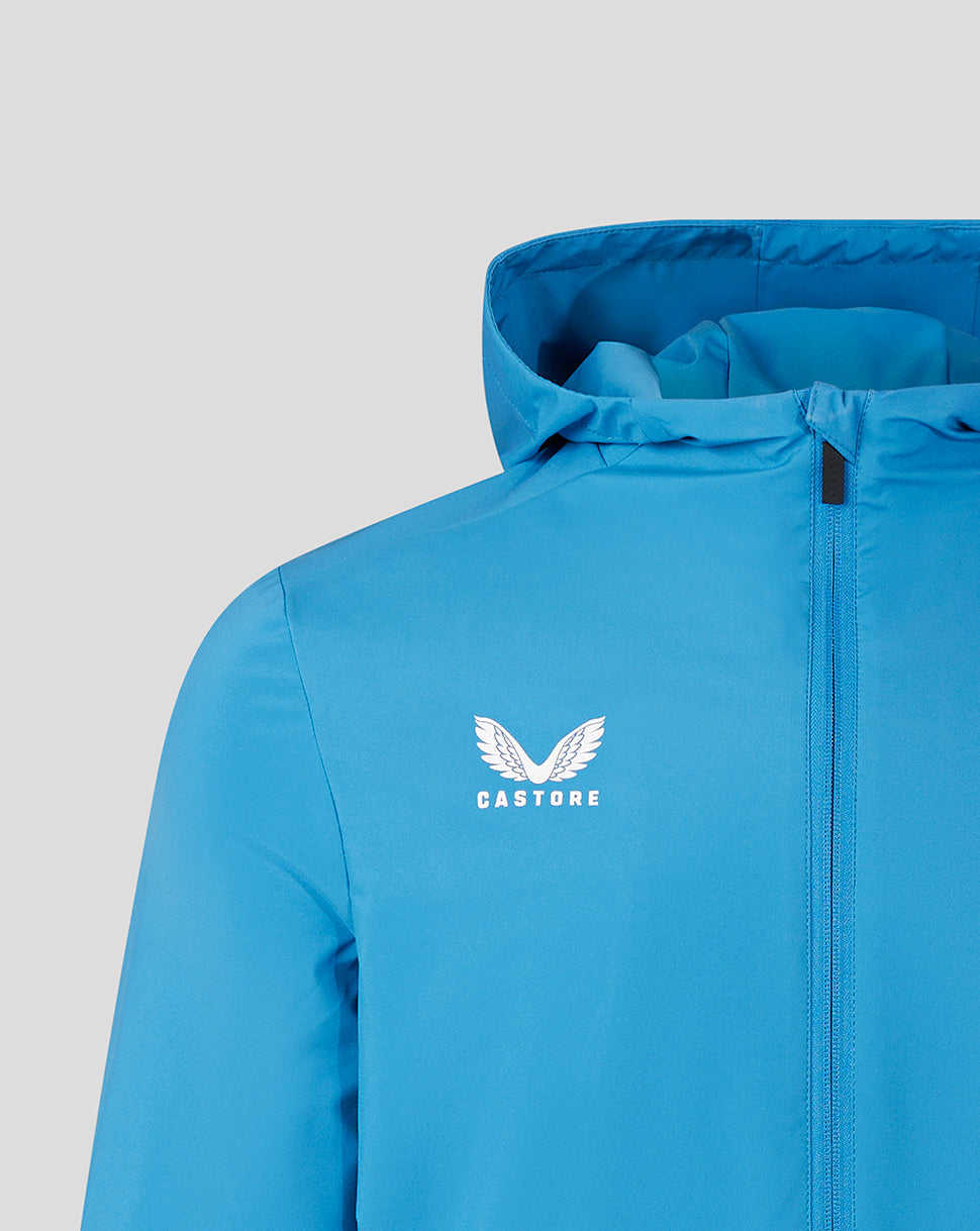 Back view of blue jacket with hood and Castore logo on left chest