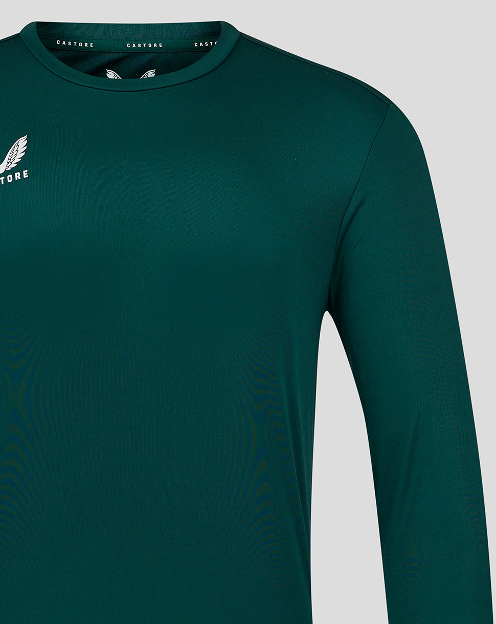 Front close up of Botanical Garden teal long sleeve tee with Castore logo on left chest