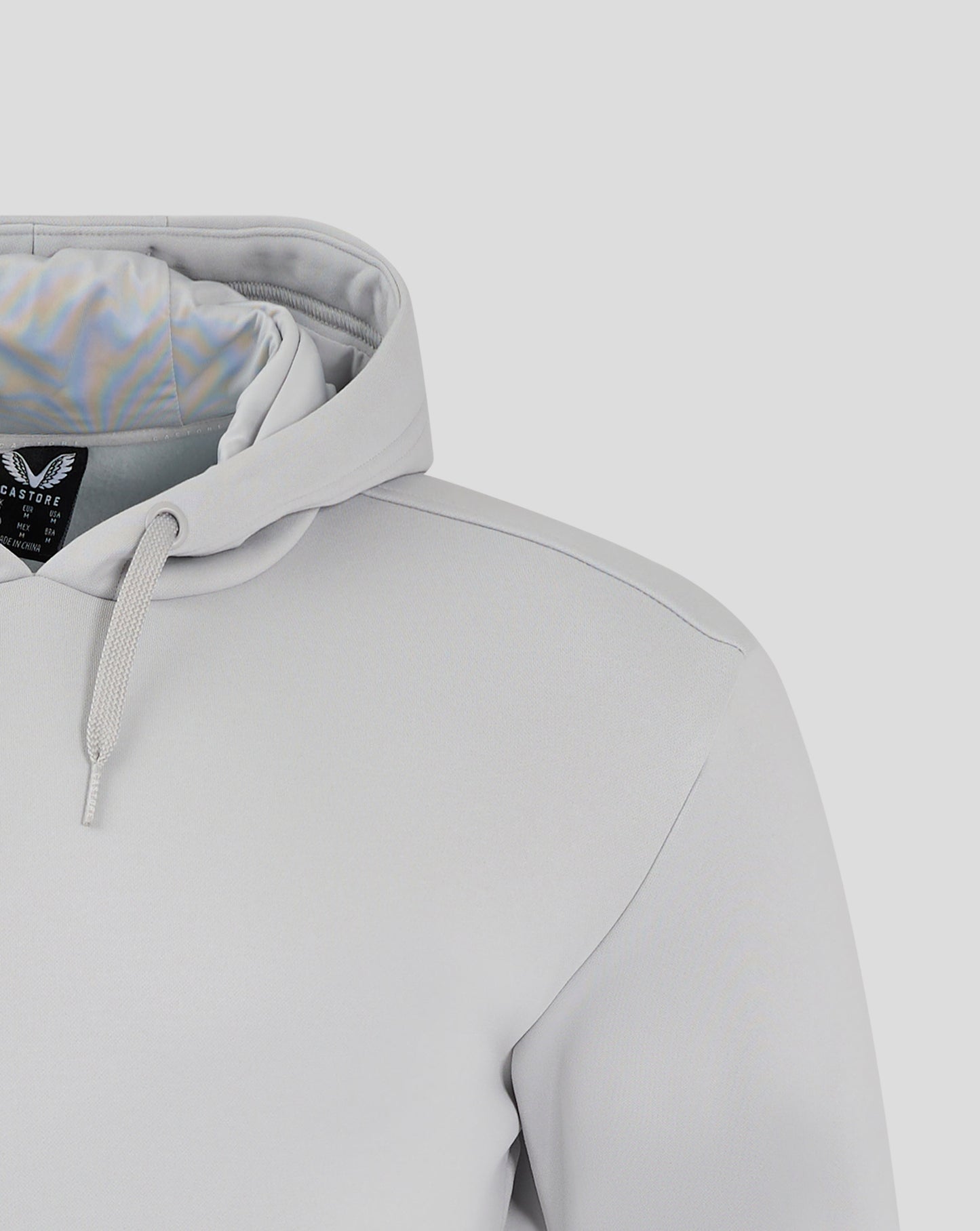 Chest detail of the Mens Performance Overhead Hoodie High Rise with Castore logo