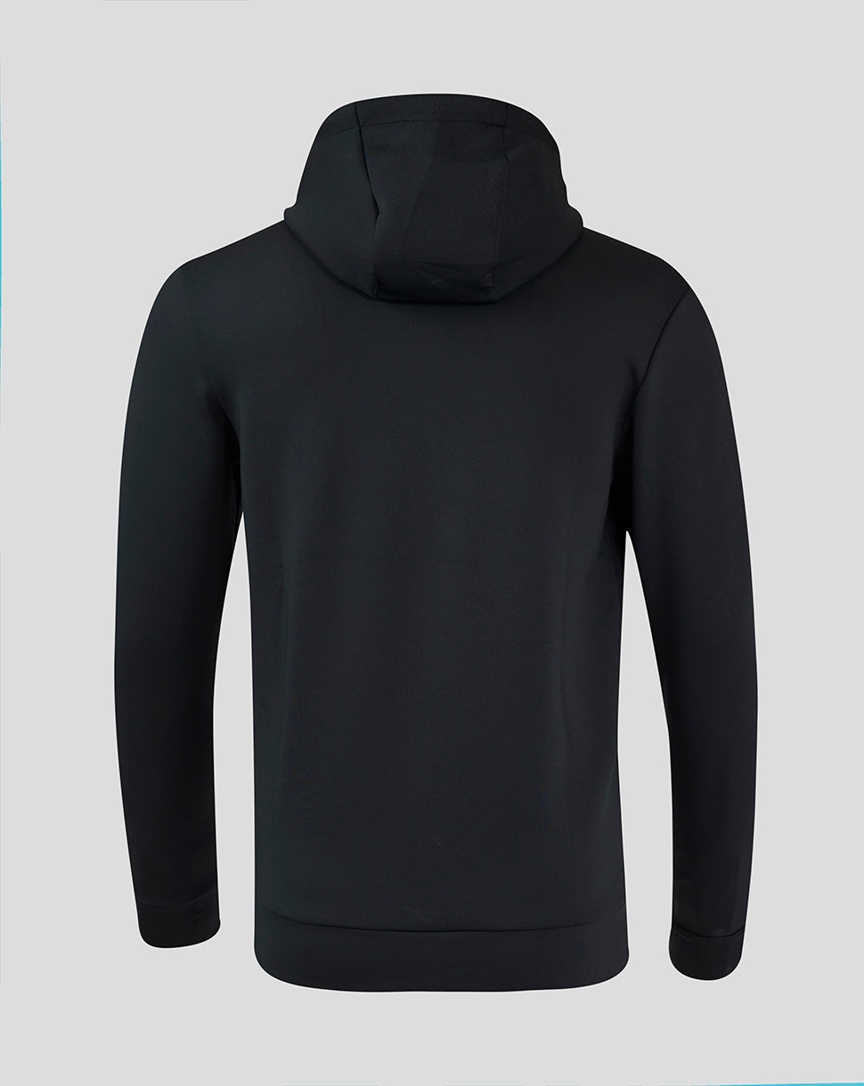 Back view of black men's hoodie with hood down and clean minimalist silhouette.