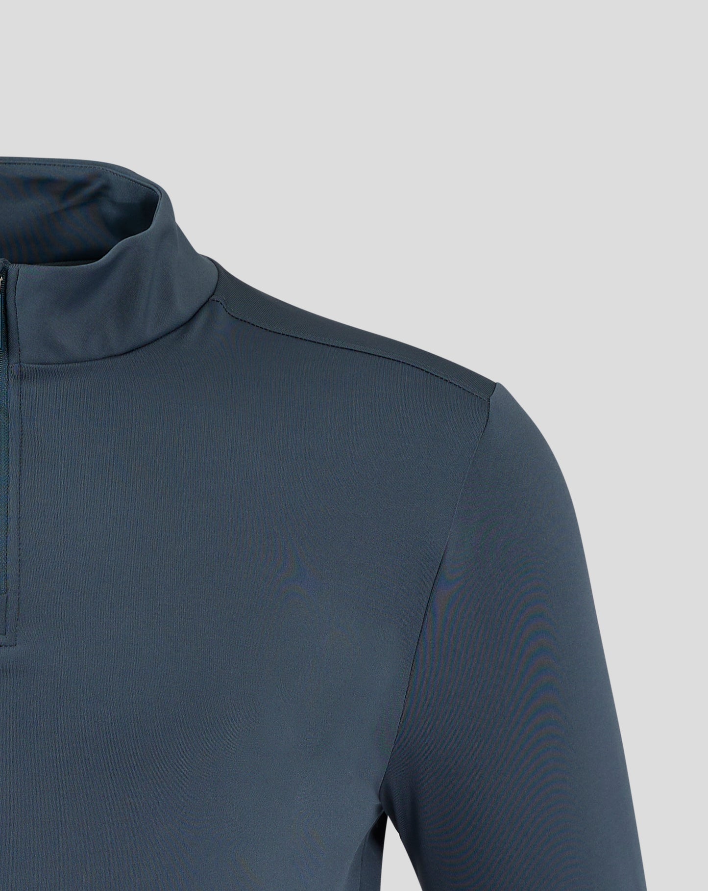 Close up of dark slate mens 1/4 zip jacket showing funnel neck and shoulder seam details
