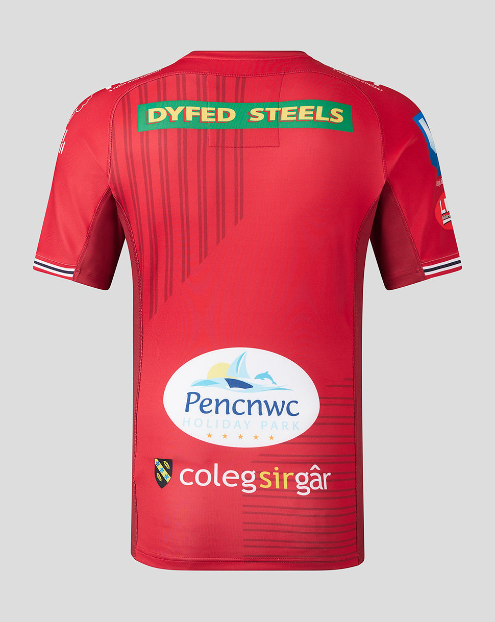 Scarlets men's 23/24 home pro shirt back view in red with green Dyfed Steels sponsor across upper back and striped detail.